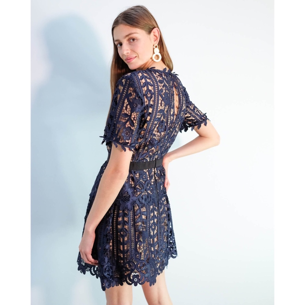 Self Portrait Floral Lace Short Sleeve A Line Dress Navy Nude Size US10 - Picture 2 of 12